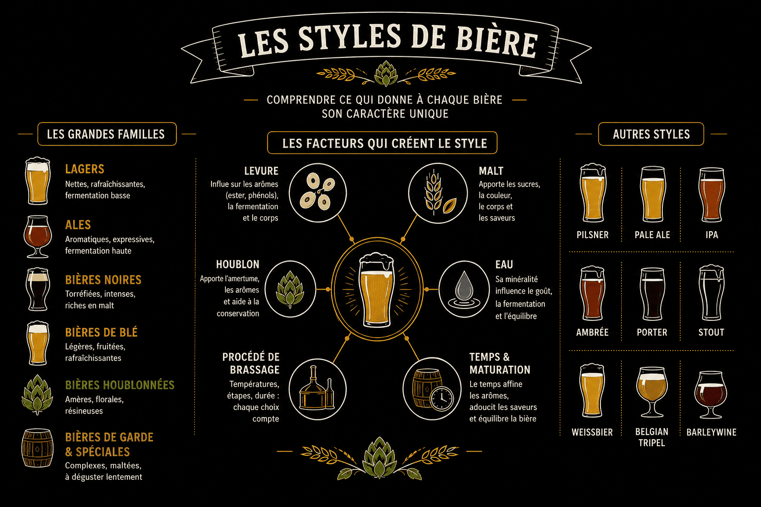 Les principales familles et styles de bière : lager, ale, IPA, porter, stout et bière de blé