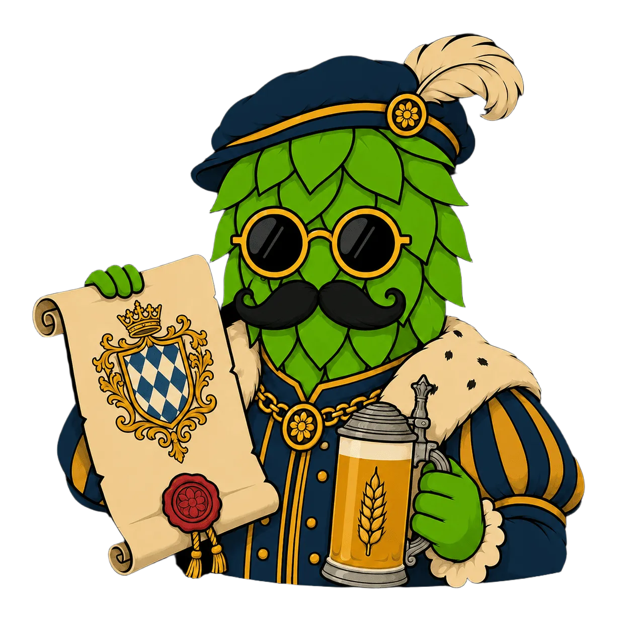 Mascotte houblon en noble bavarois tenant un parchemin et une bière blanche, illustration du privilège du blé dans l'histoire de la Weissbier