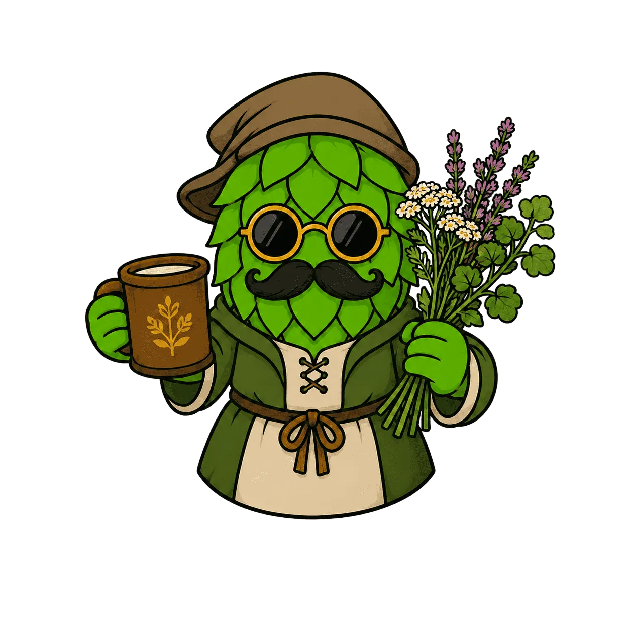 Mascotte houblon herboriste tenant une bière et un bouquet d'herbes, illustration du gruit utilisé avant le houblon