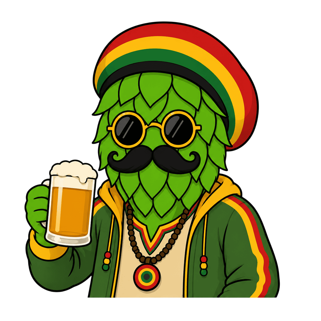 Mascotte houblon rasta illustrant la parenté botanique entre le houblon et le chanvre